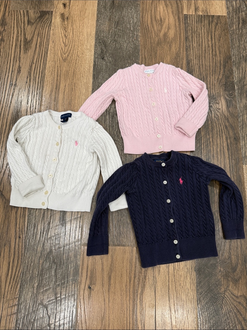 Ralph Lauren Girls Cable-Knit Cardigan Trio in White, Pink & Navy